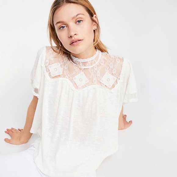 Free People Tops - Free People White Lace Cape May Tee Medium